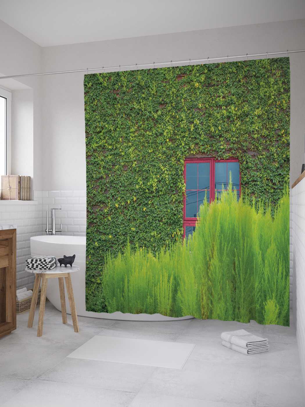 

Штора (занавеска) JoyArty для ванной "Окно среди лиан" из сатена, 180х200 см с крючками, Зеленый