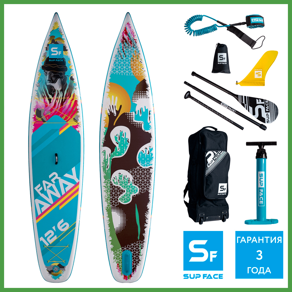Сапборд надувной двухслойный SUP face Far Away 12.6 381x81x15см, насос, весло, рюкзак, лиш