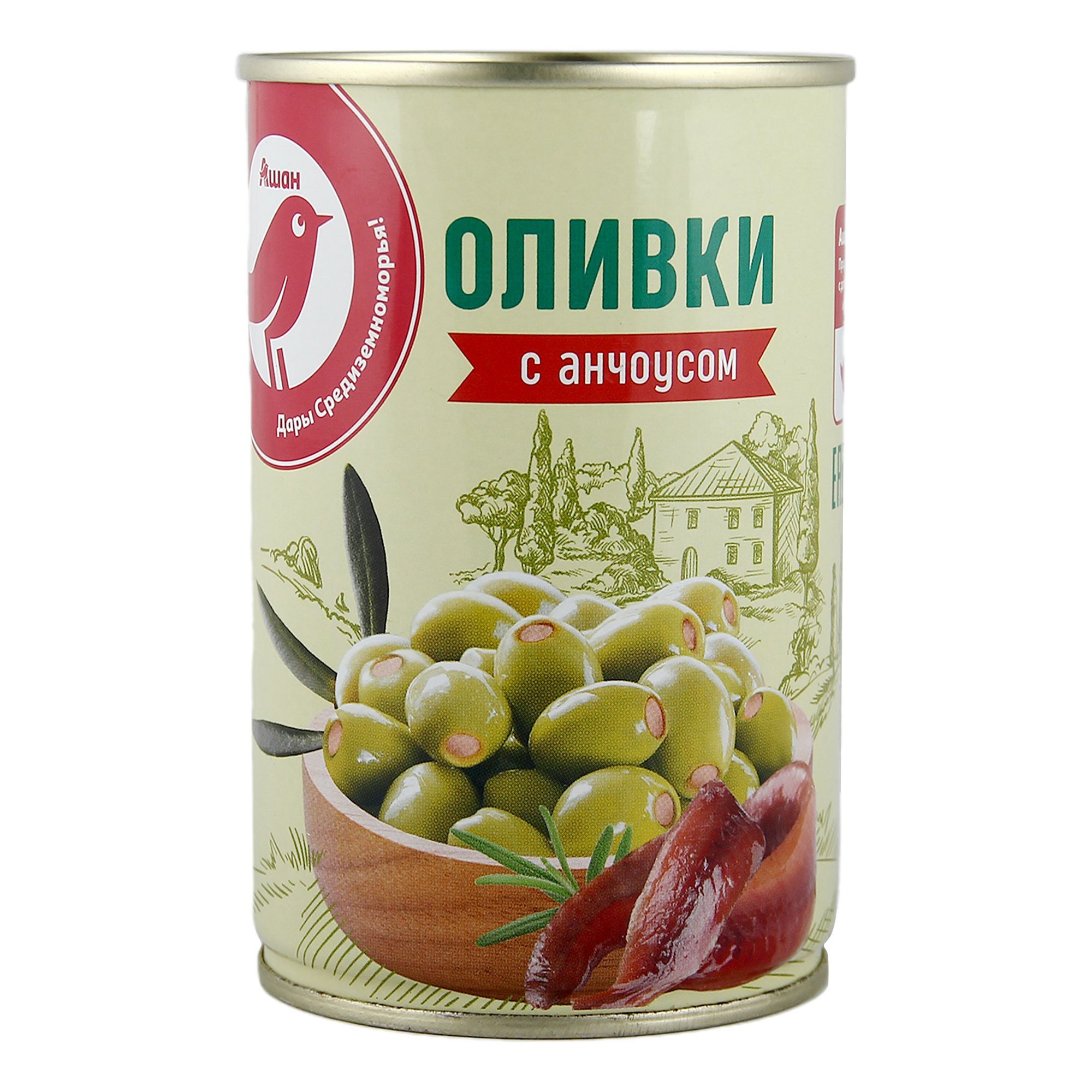 Оливки АШАН Красная птица с анчоусом, 300 г