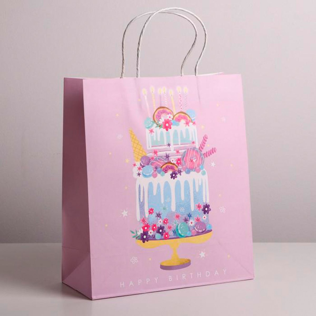 

Пакет подарочный Дарите Счастье Happy Birthday, крафтовый, 26x30x11,5, Розовый