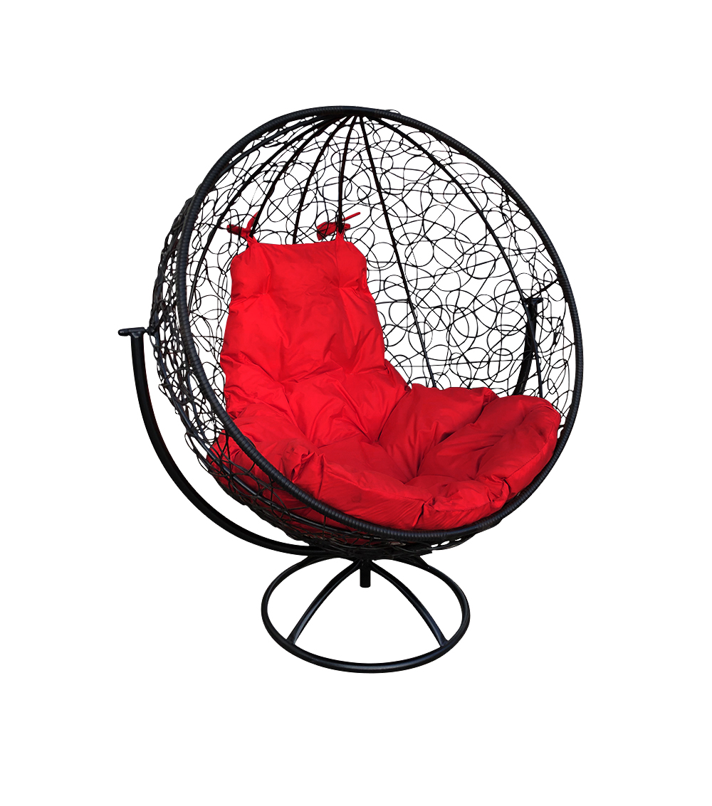 фото Садовое кресло m-group вращающееся с ротангом черное красная подушка