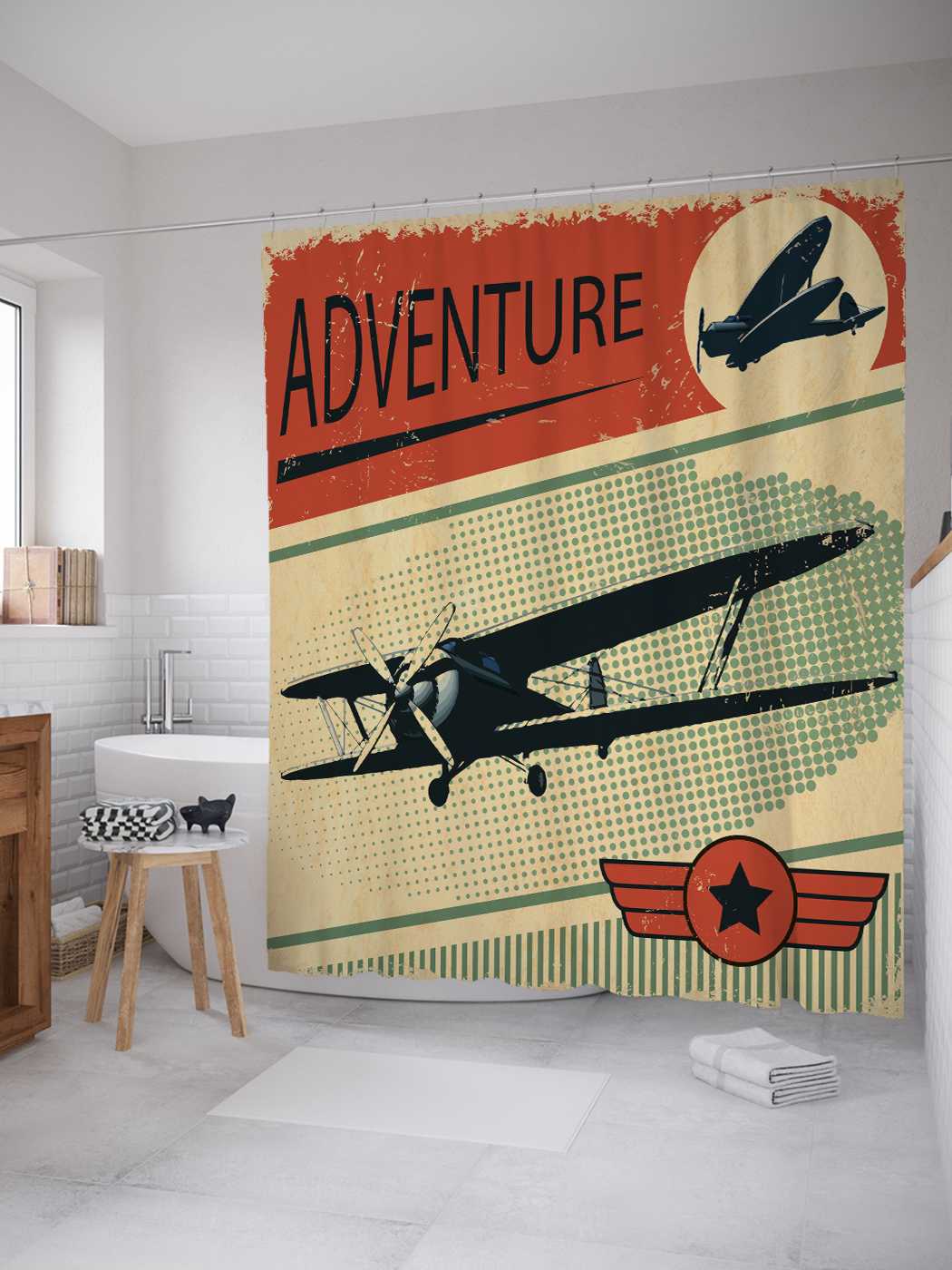 

Штора JoyArty для ванной "Приключение на самолете" из сатена, 180х200 см с крючками, Белый