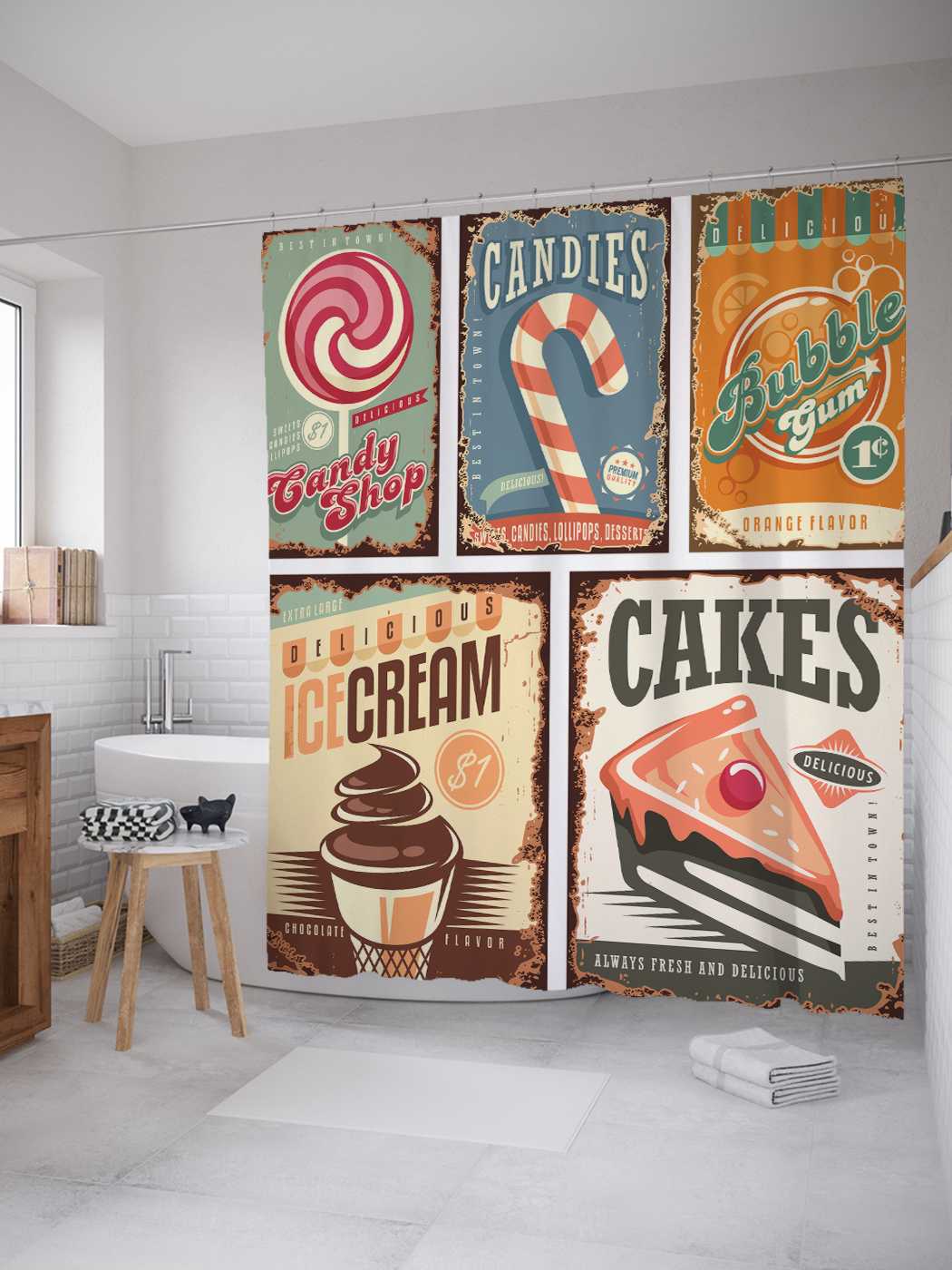 

Штора (занавеска) JoyArty для ванной "Вывески кафе" из сатена, 180х200 см с крючками, Голубой