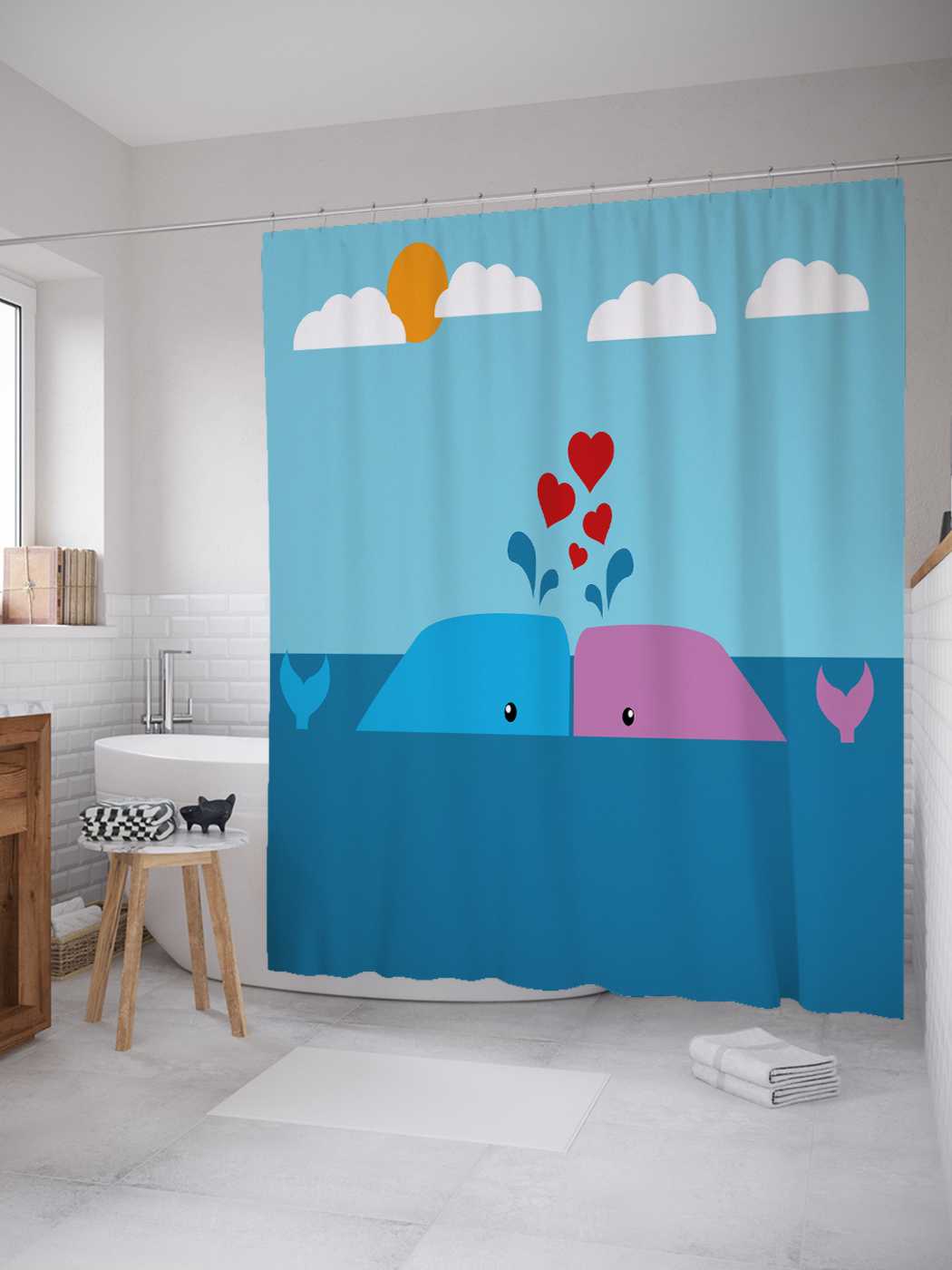 

Штора (занавеска) JoyArty для ванной "Влюбленные киты" из сатена, 180х200 см с крючками, Голубой