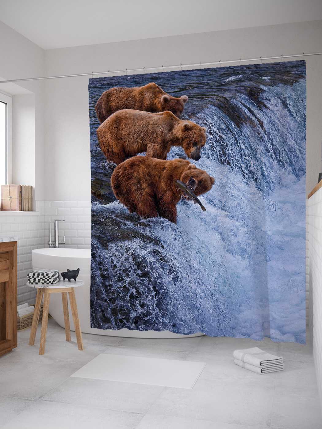 фото Штора (занавеска) joyarty для ванной "медвежья рыбалка" из сатена, 180х200 см с крючками