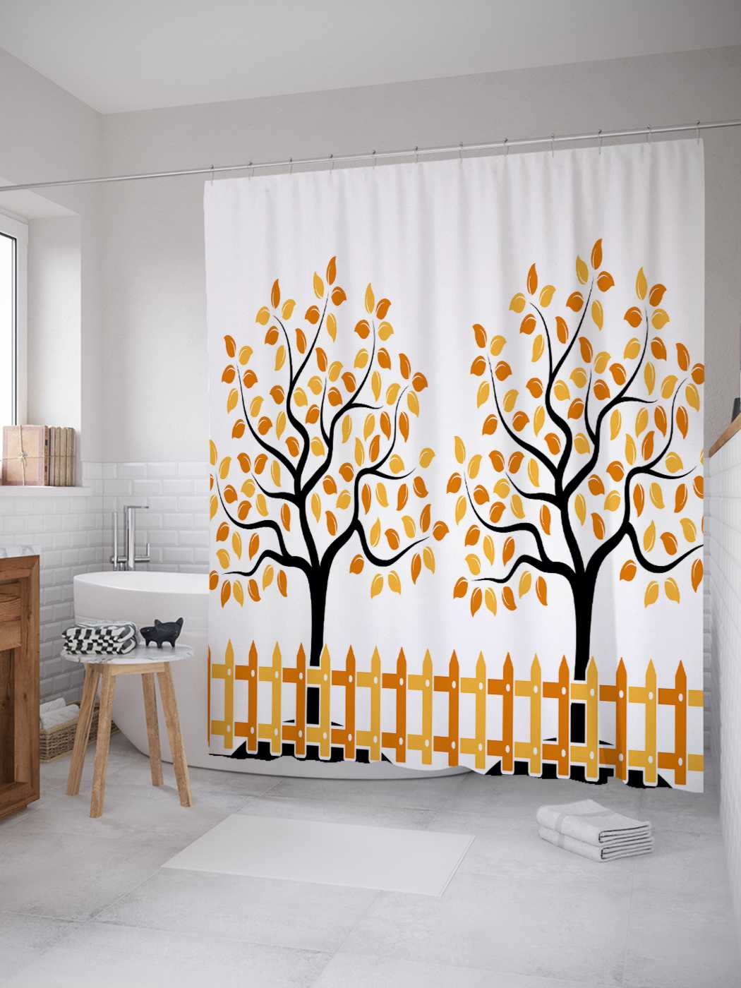 

Штора (занавеска) JoyArty для ванной "Лес за забором" из сатена, 180х200 см с крючками