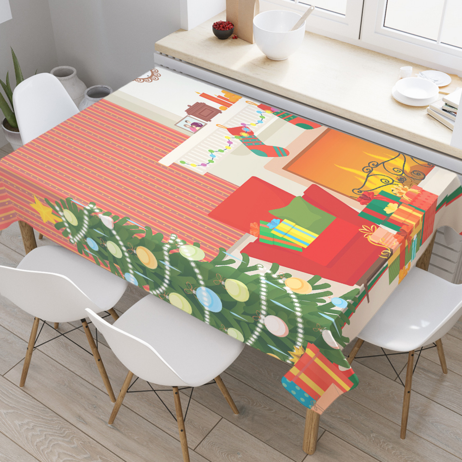 

Скатерть прямоугольная JoyArty "Рождество у камина" из оксфорда, 120x145см, Зеленый, Рождество у камина