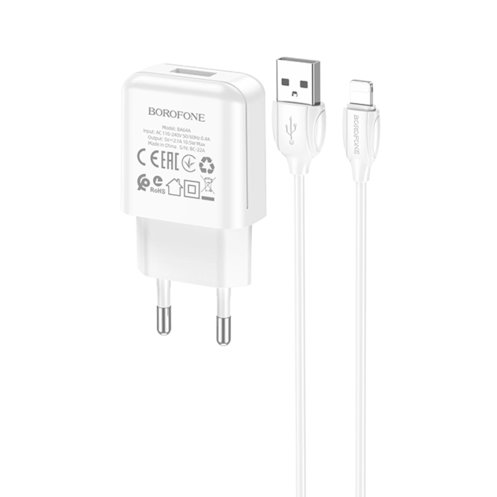 фото Сетевое зарядное устройство borofone ba64ai lightning 1xusb 2.1 а белый