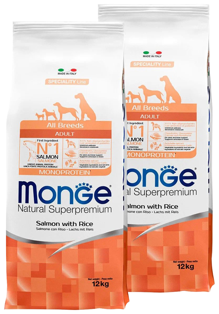 

Сухой корм для собак Monge Speciality Adult all breeds, лосось, рис, 2 шт по 12 кг