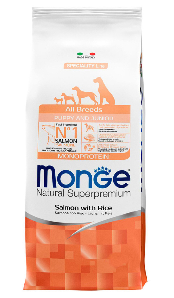 

MONGE MONGE SPECIALITY DOG PUPPY & JUNIOR SALMON для щенков всех пород с лососем и рисом (