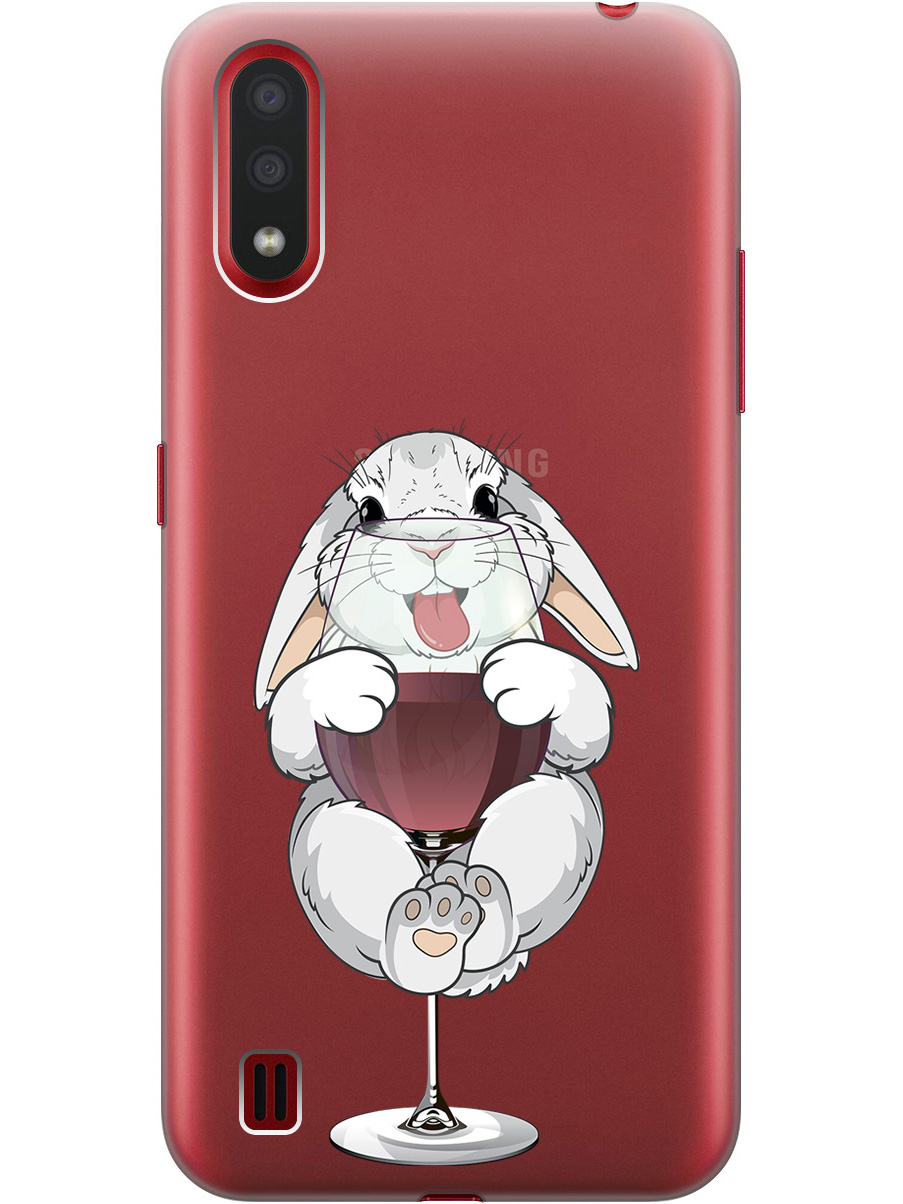 

Силиконовый чехол на Samsung Galaxy A01 с принтом "Кролик и бокал", Прозрачный;белый;бордовый, 722444475