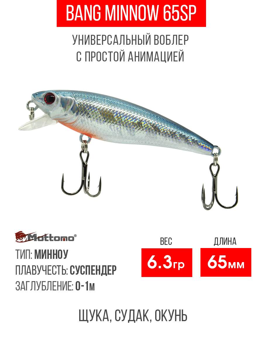 

Воблер Mottomo Bang Minnow 65SP 6,3g Silver Minnow, Разноцветный, Bang Minnow