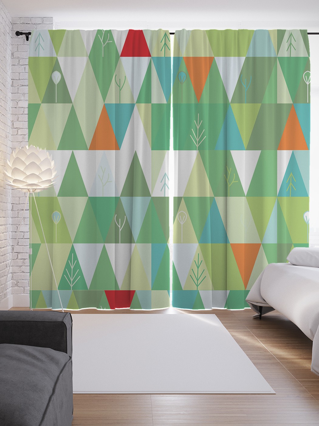 

Шторы JoyArty с фотопечатью "Деревья в треугольниках" из сатена, 290х265 см, Деревья в треугольниках