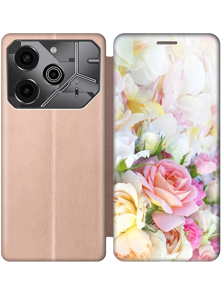 

Чехол-книжка на Tecno Pova 6 Pro с принтом "Нежные розы" золотой, Золотистый;белый;желтый;розовый, 781971021