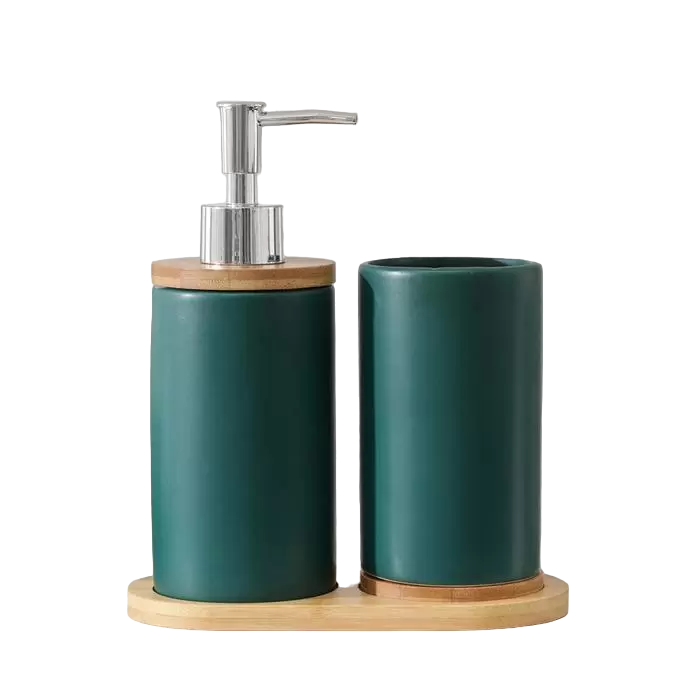 фото Набор аксессуаров для ванной комнаты натура (дозатор 400 мл стакан на подставке) зелёный nobrand