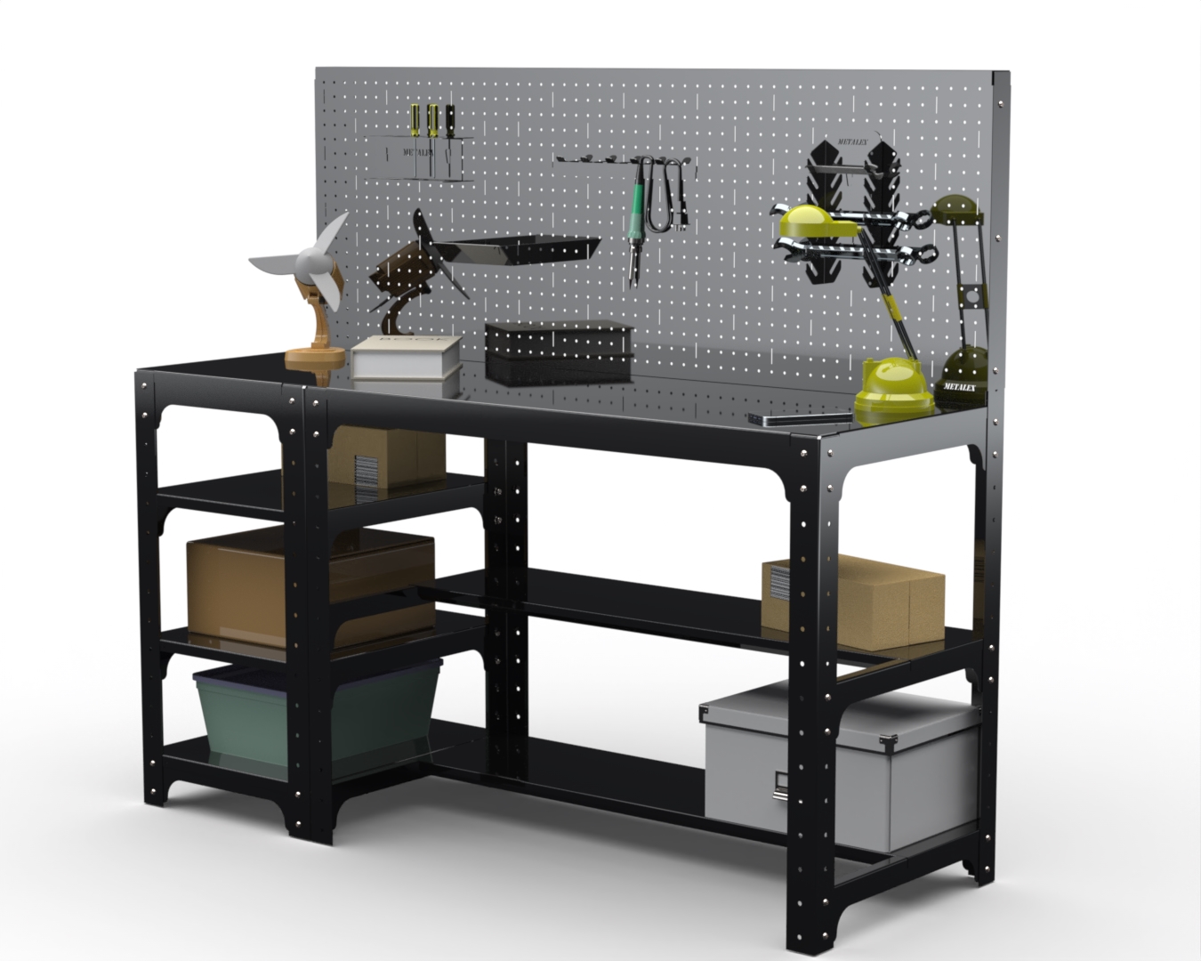 

Стол металлический Metalex 201576 KIT 750х1600х600 с боковыми полками, перфопанелью черный