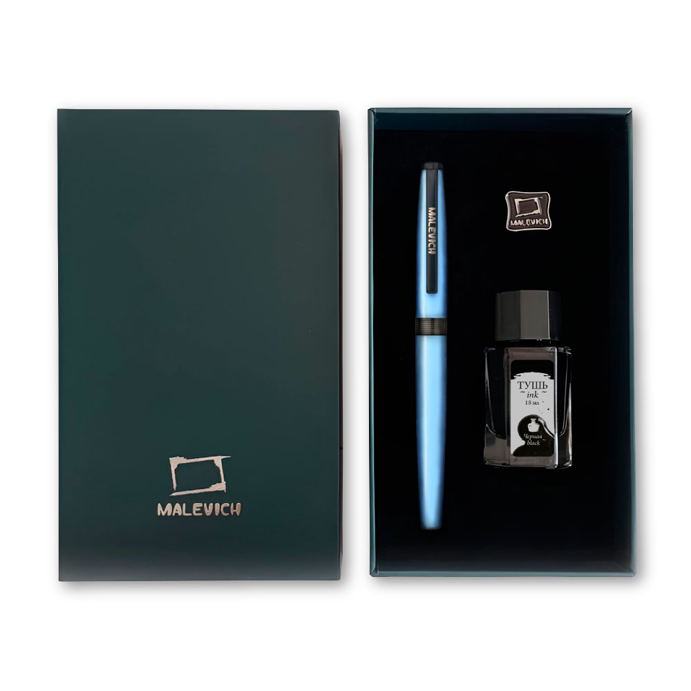 Ручка перьевая Малевичъ 196436 с конвертером, черными чернилами и значком, голубой