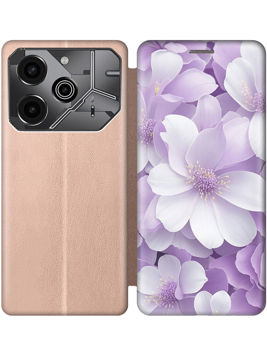 

Чехол-книжка на Tecno Pova 6 Pro с принтом "Бело-фиолетовые цветы" золотой, Золотистый;белый;фиолетовый, 781971021