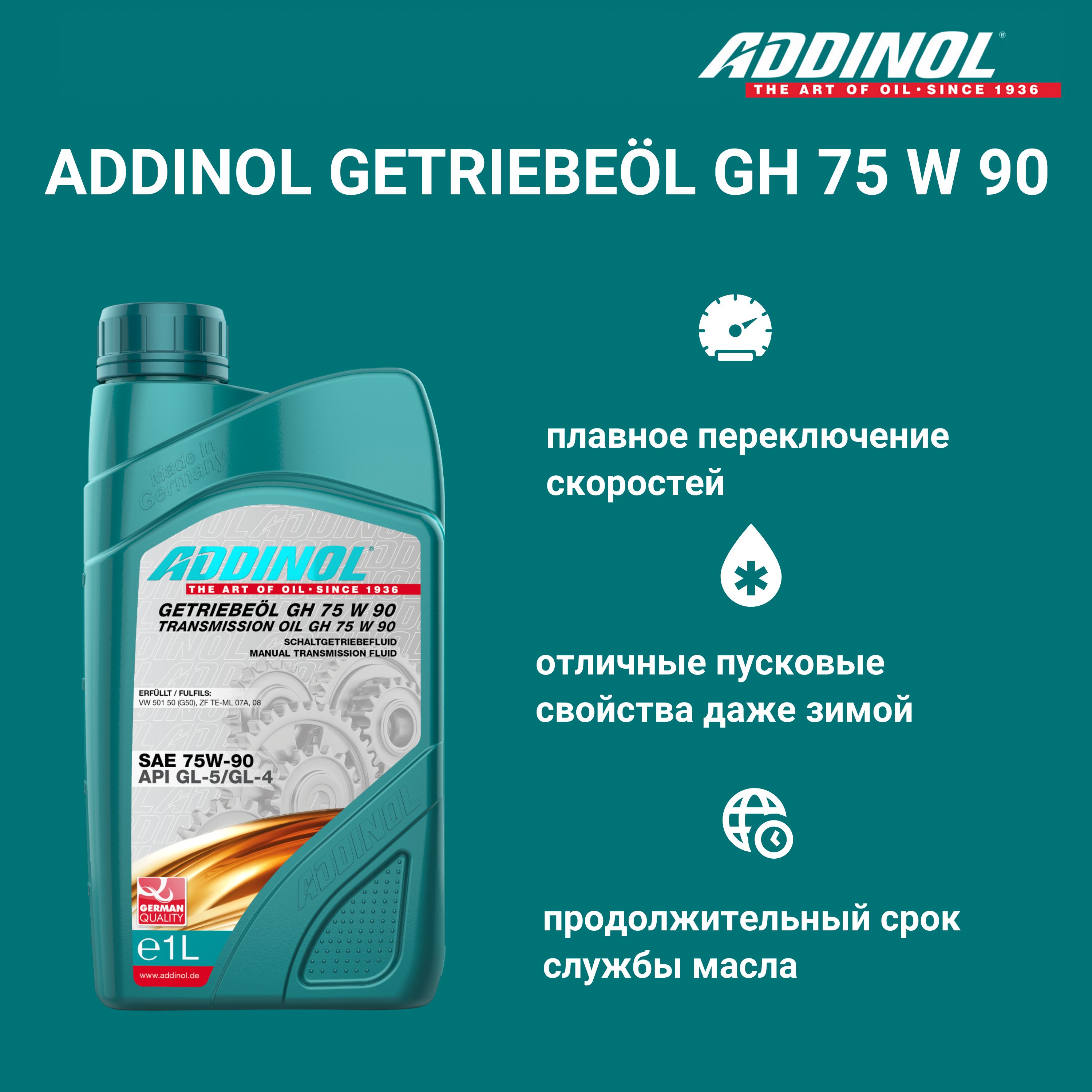 Трансмиссионное масло ADDINOL Getriebeol GH 75W-90 синтетическое, 1 л