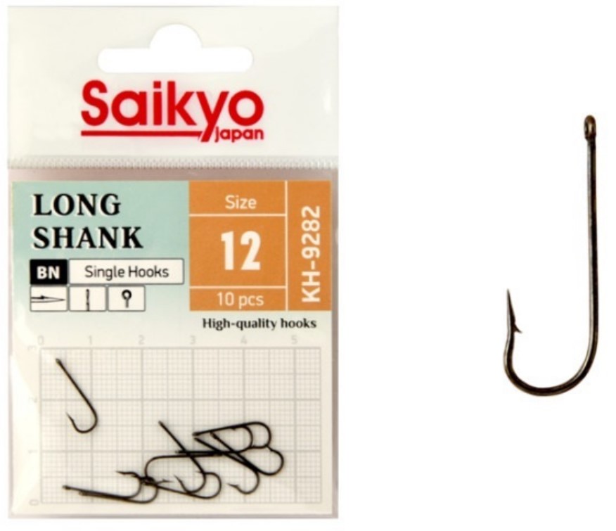 

Одинарные крючки Saikyo Long Shank №12 BN, с колечком, прямое острие, с бородкой, Черный, Kh-9282 Bn Long Shank №12