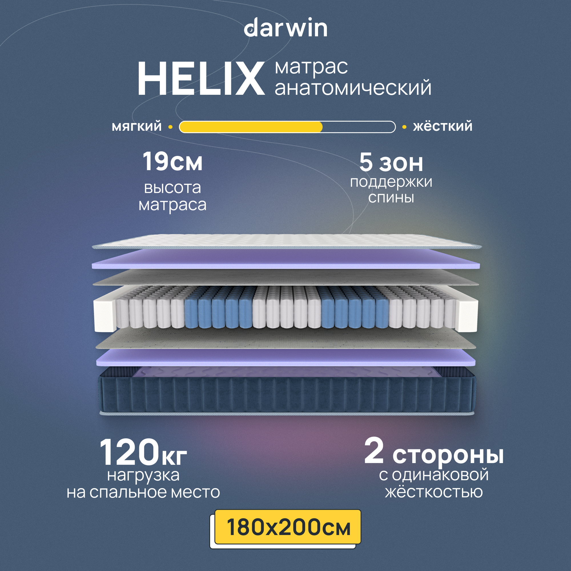 Ортопедический Матрас Darwin Heliх 180х200 независимые пружины 19 см высота белый 20500₽