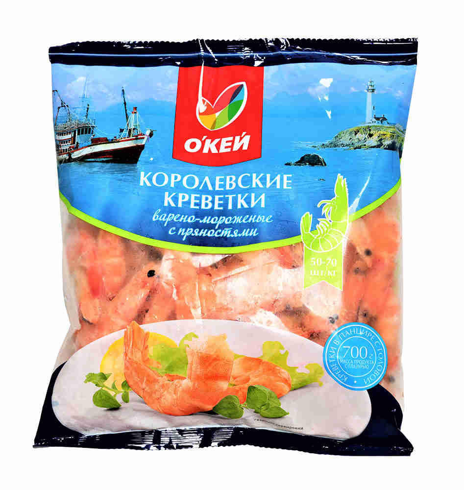 

Креветки О'Кей, замороженные, без заправки, очищенные, 700 гр, королевские креветки