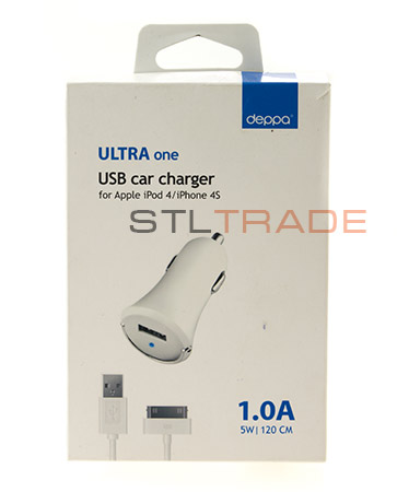 

Автомобильное зарядное устройство с USB + кабель для iPhone, iPod 1200mA, белое, Deppa