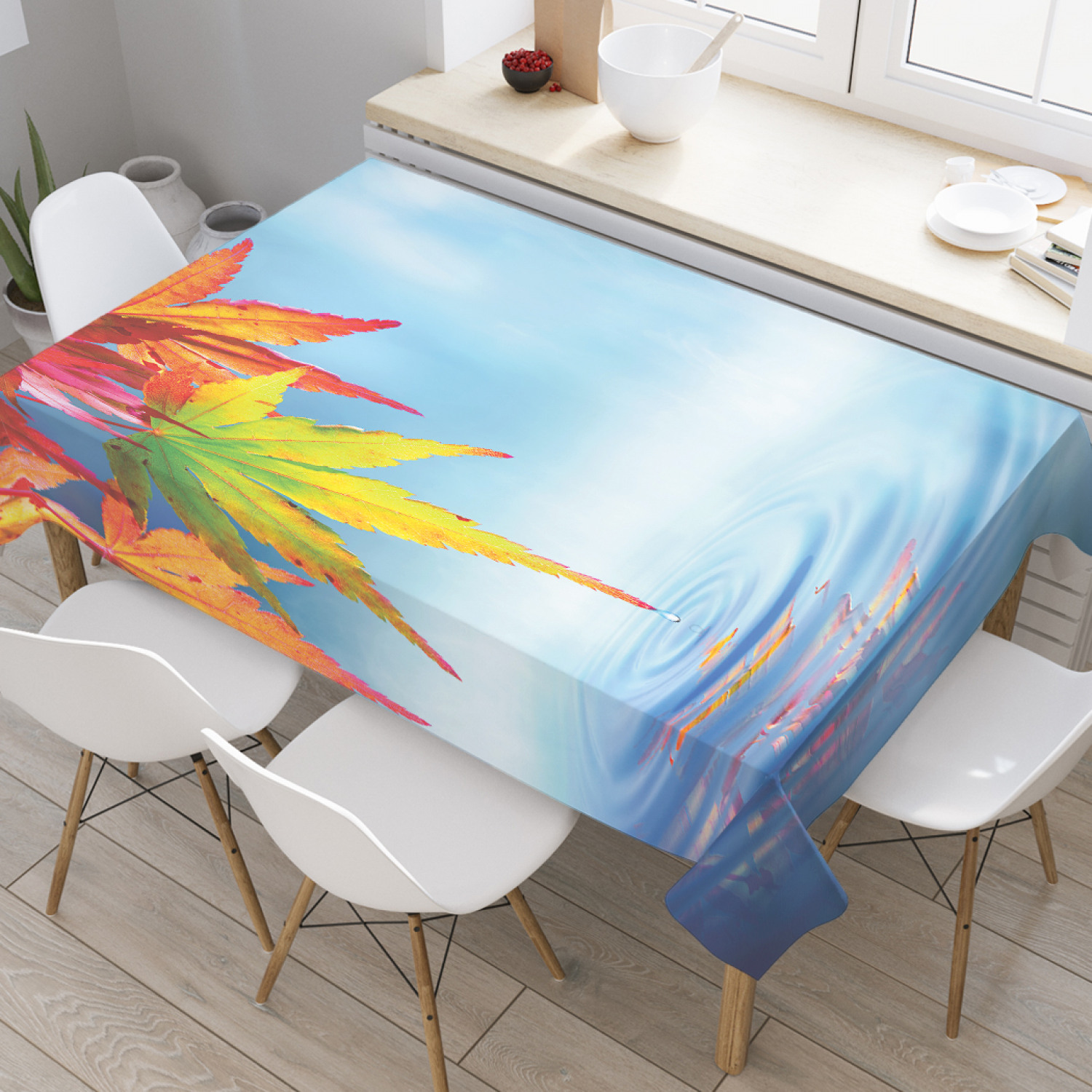 

Скатерть прямоугольная JoyArty "Осенние листья над водой" из оксфорда, 120x145 см, Голубой, Осенние листья над водой