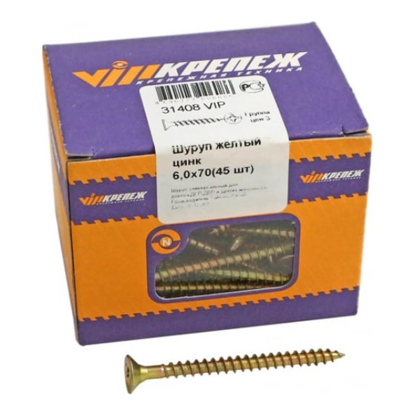 фото Vipкрепеж шуруп жёлтый цинк 6,0х 70 43 шт 31408 vipl