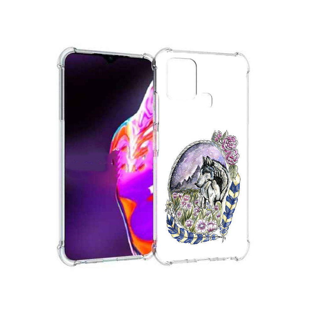 

Чехол MyPads Tocco для Infinix Hot 10s нарисованный волк в цветах с перьями, Прозрачный, Tocco