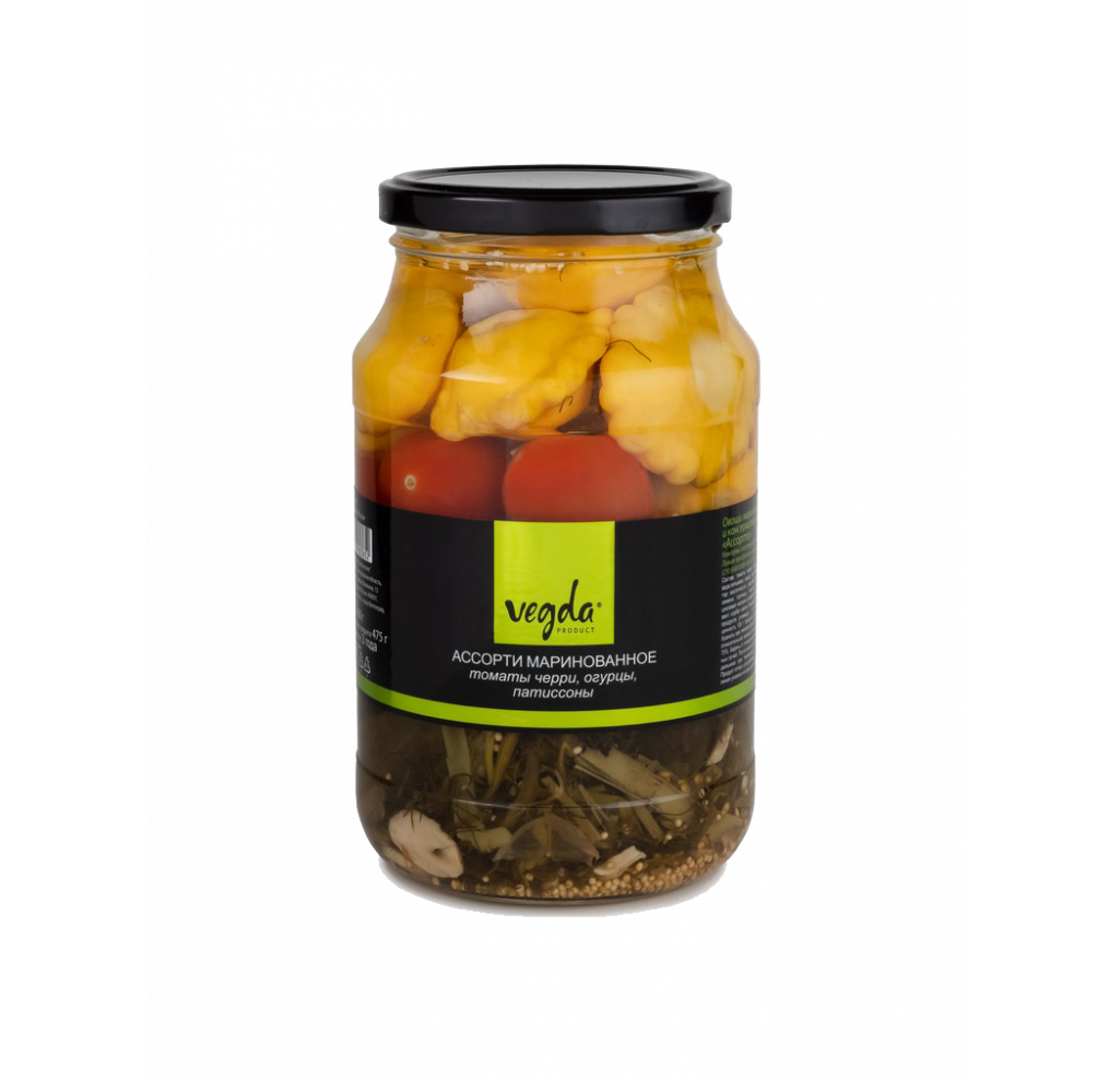 

Ассорти маринованное Vegda product огурцы, томаты черри, патиссоны 950 мл, черри