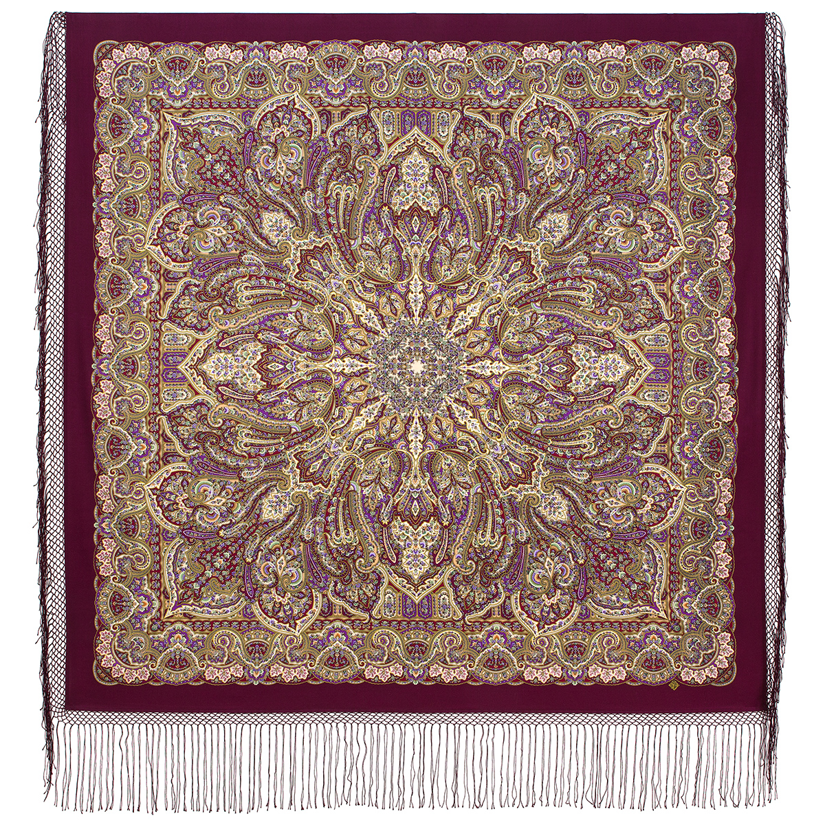 Платок женский Павловопосадский платок 1857 бордовый/сиреневый, 148х148 см