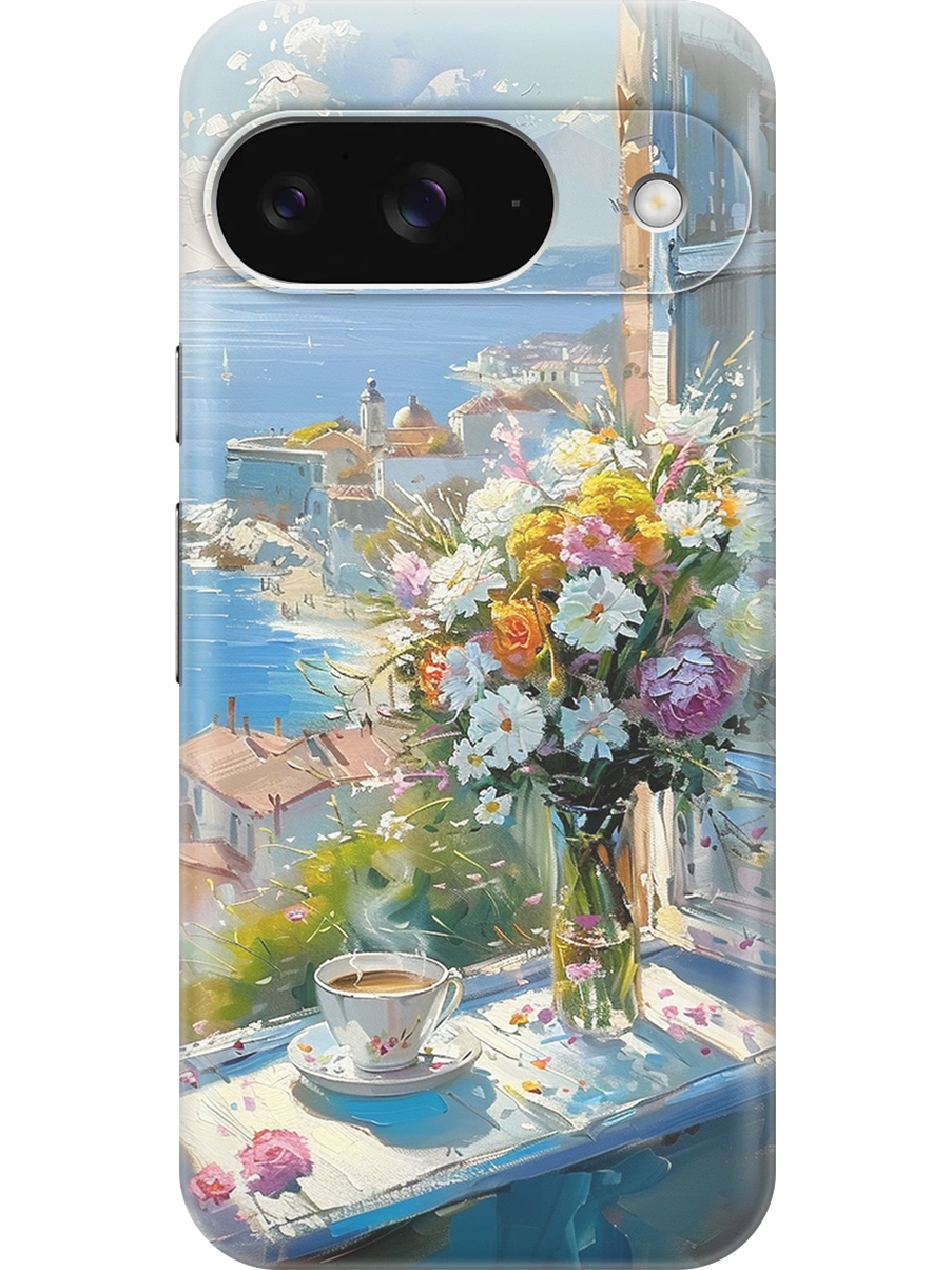 

Силиконовый чехол на Google Pixel 9 с принтом "Букет цветов и кофе", Прозрачный;белый;голубой, 784809722