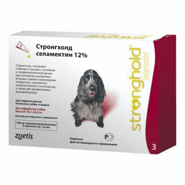 Капли от клещей блох и гельминтов для собак Zoetis Стронгхолд, до 20 кг, 120 мг, 1 пипетка
