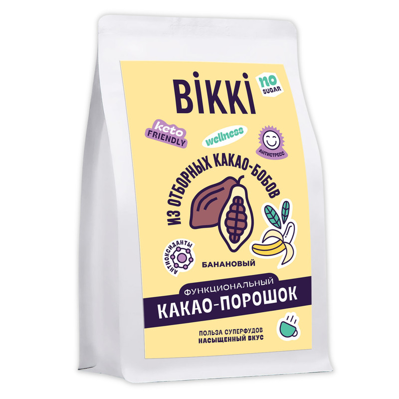 Какао порошок BIKKI горячий шоколад алкализованный банановый, 180 г