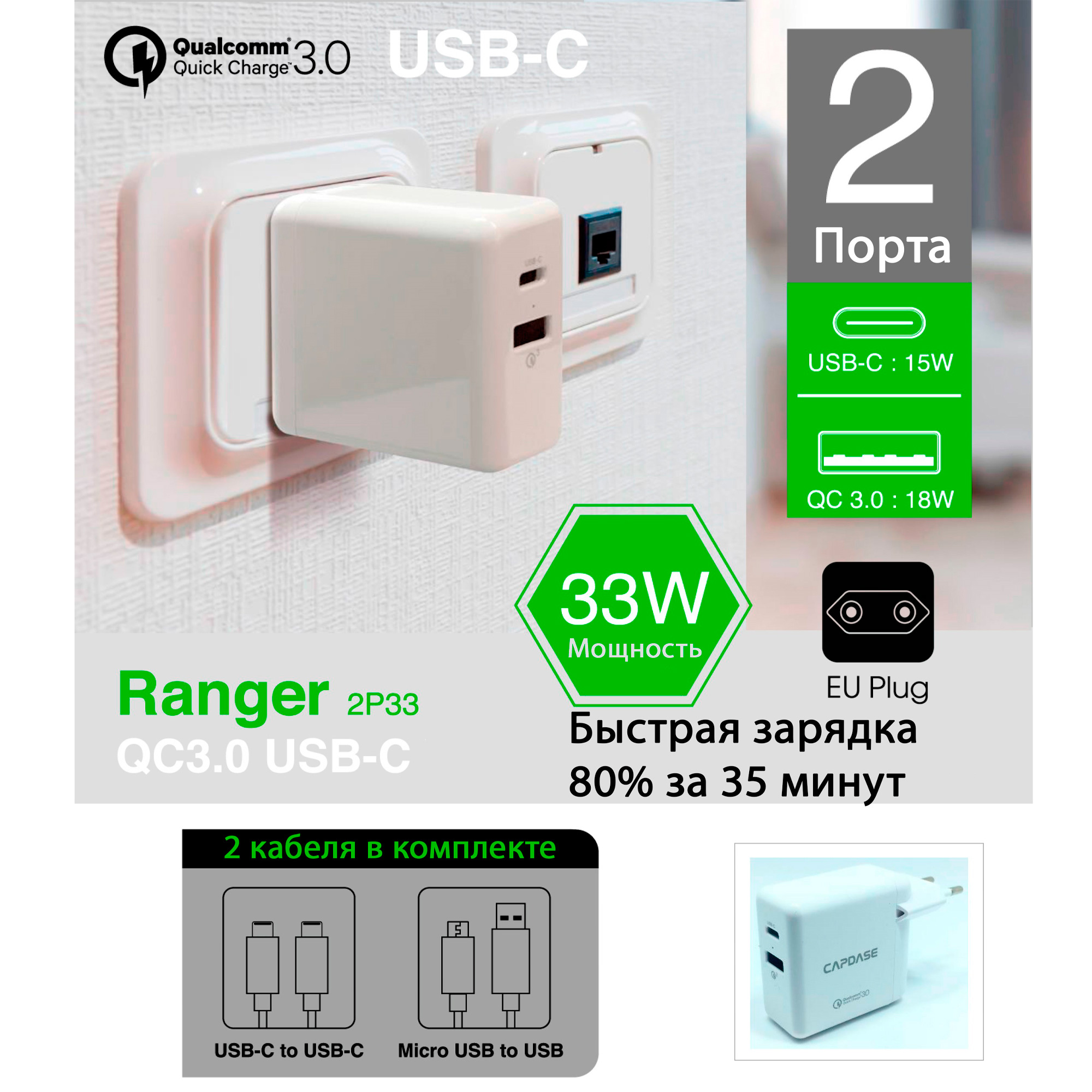 Сетевое зарядное устройство Capdase RANGER 2P33 Quick Charge 30 USB-CMicro USB белый 890₽