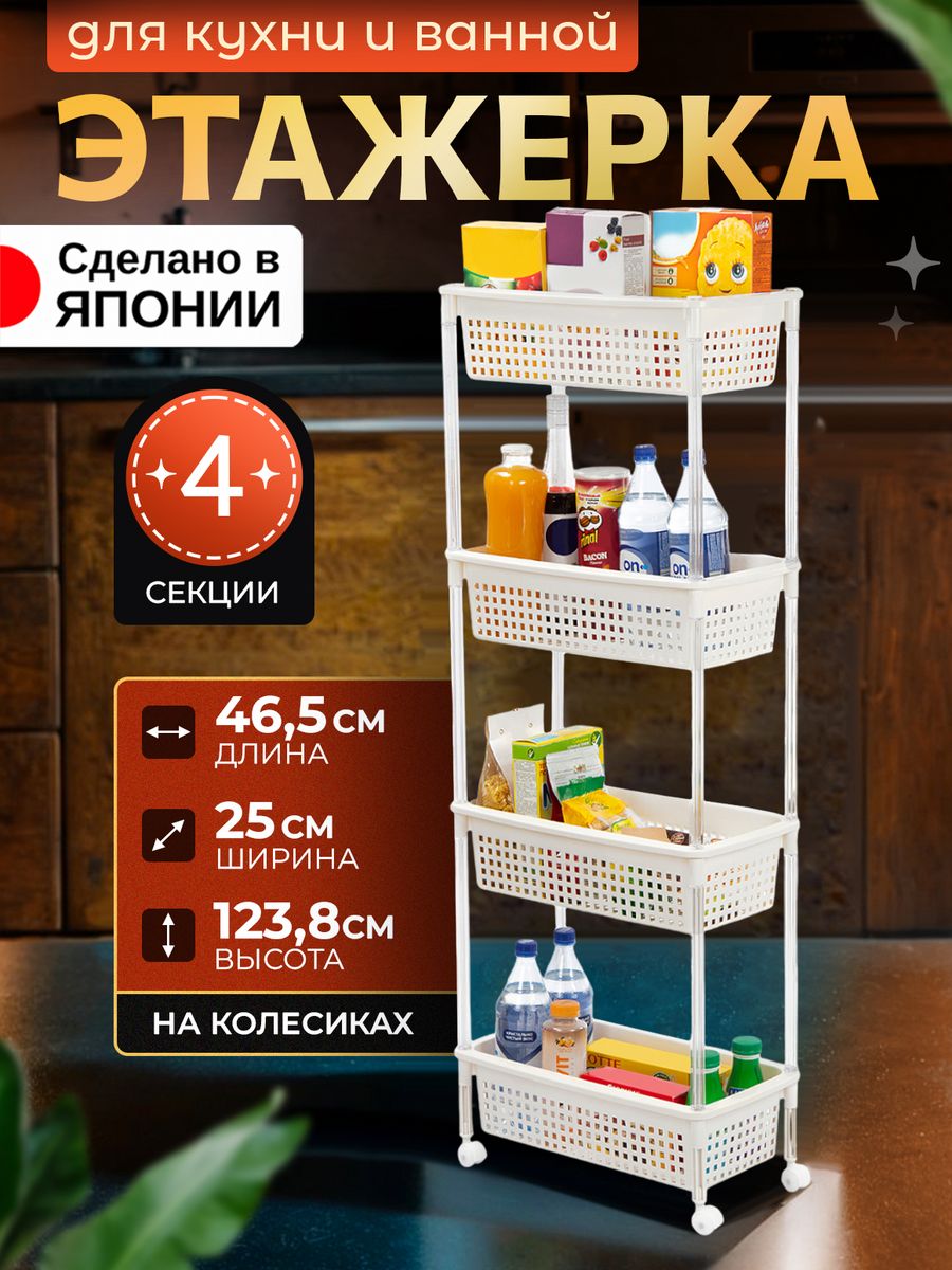 Этажерка Heiwa для ванной и кухни на колесиках узкая пластиковая 3738₽