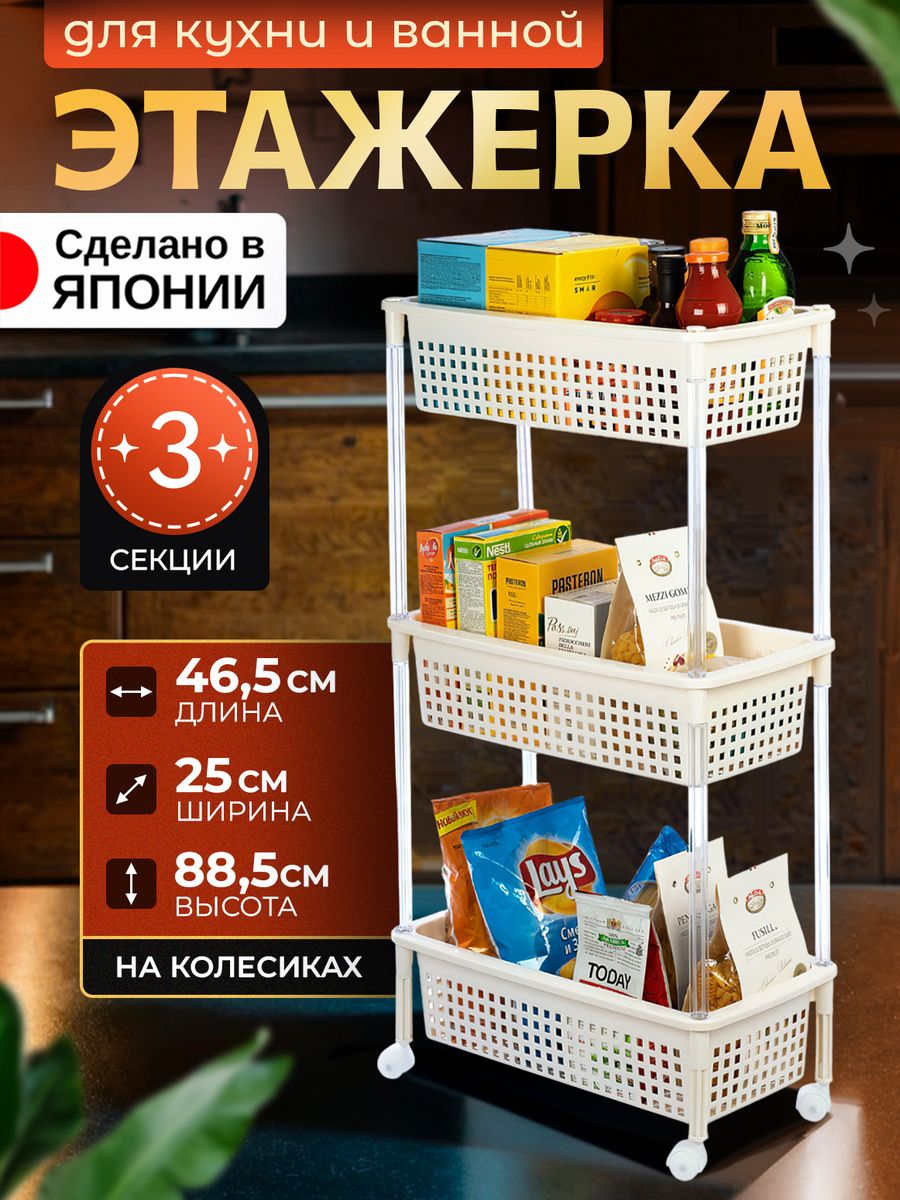 Этажерка Heiwa 465х25х885 см на колесиках узкая 3332₽