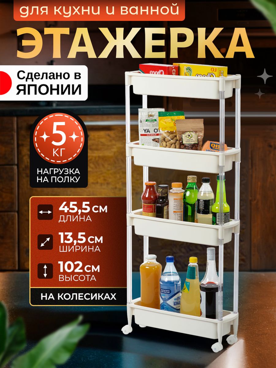 Этажерка Heiwa для ванной и кухни на колесиках узкая пластиковая 2847₽