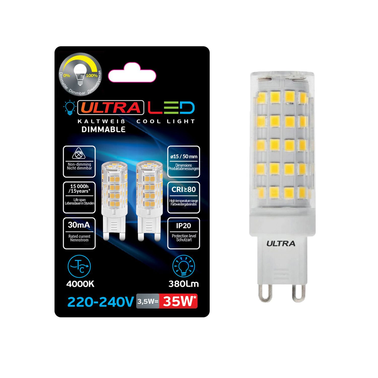 фото Лампа ultra led g9 3,5w 4000k dim 220 вт, диммируемая, блистер, g9, 3.5 вт, 2 шт.