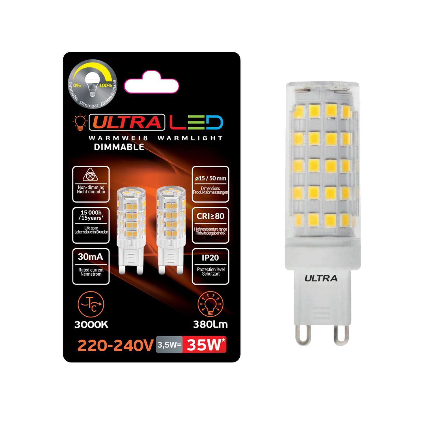 фото Лампочка светодиодная ultra led led g9 3,5w dim (блистер 2шт.), диммируемая, 2 шт.