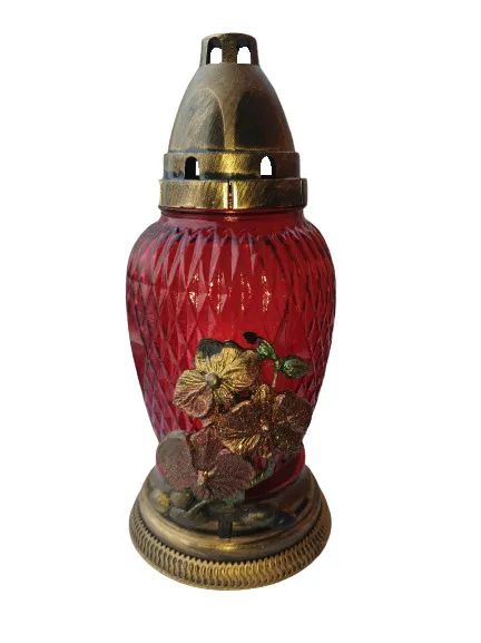 Лампада стеклянная с пластиковыми цветами с крышкой h-23 см