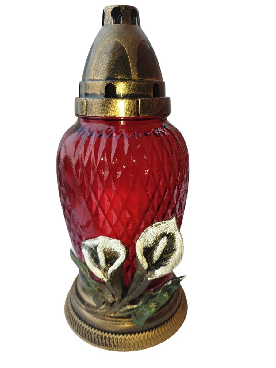 Лампада стеклянная с пластиковыми цветами с крышкой h-23 см