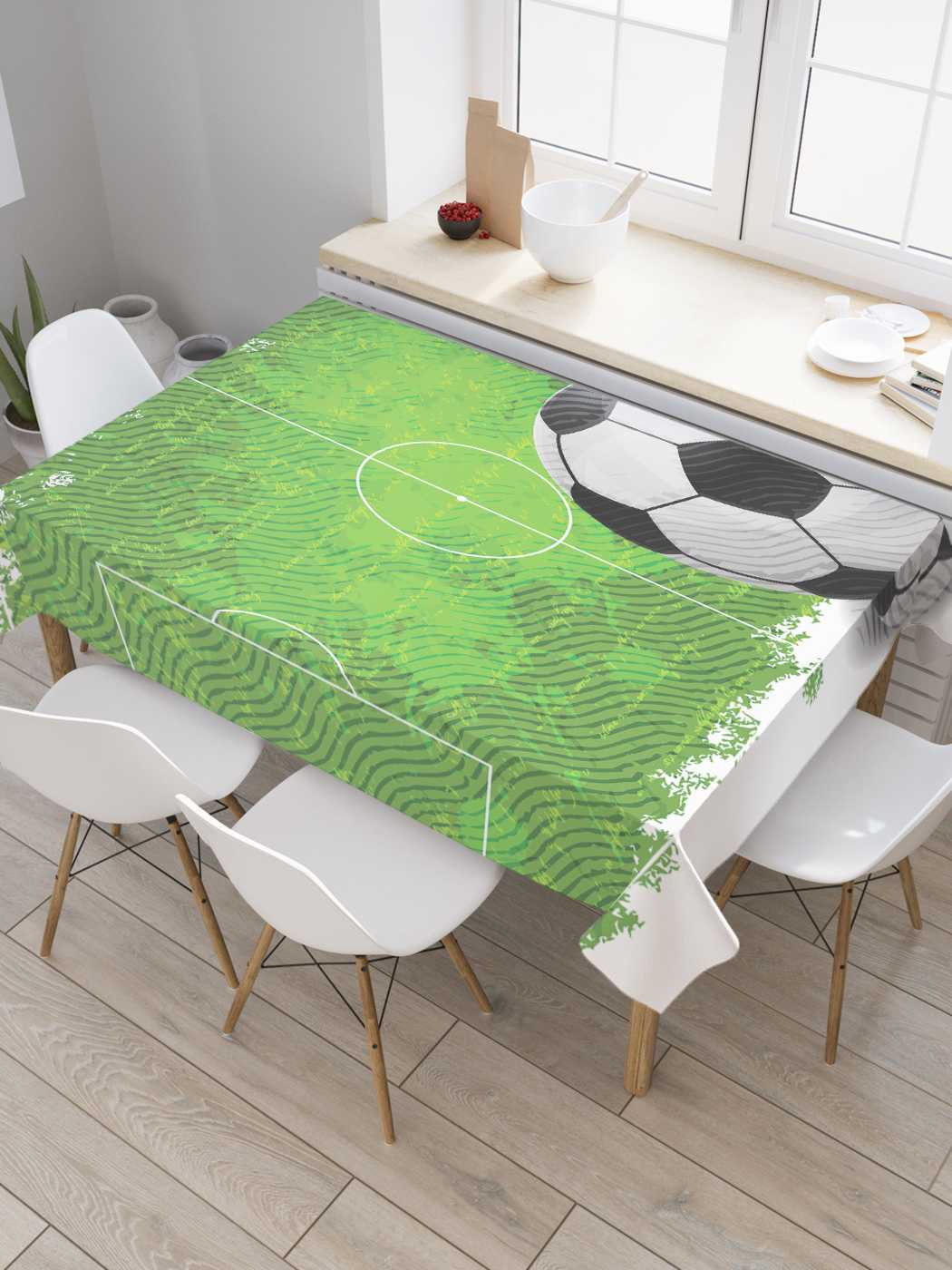 фото Скатерть прямоугольная joyarty "футбольное поле и мяч" из сатена, 180x145 см