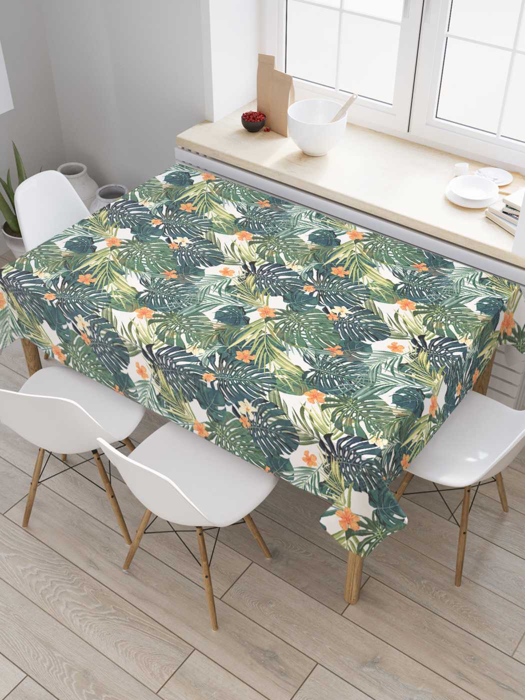 

Скатерть прямоугольная JoyArty "Тропические листья" из сатена, 180x145 см, Серый, Тропические листья