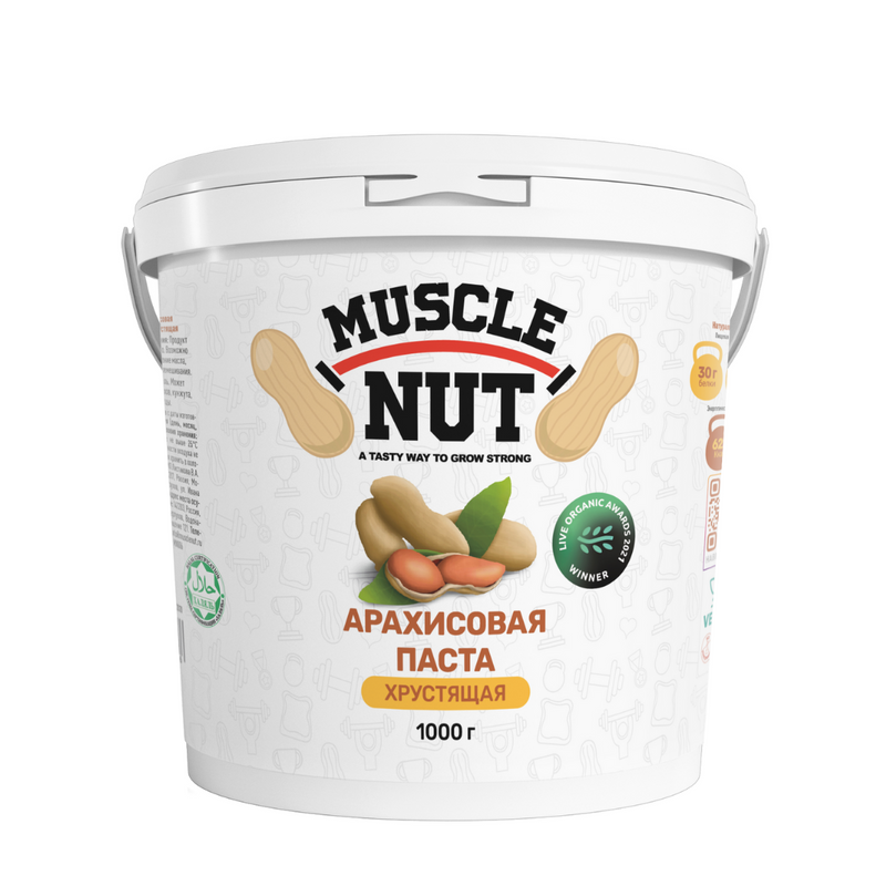 Арахисовая паста Muscle Nut хрустящая, без сахара, натуральная, высокобелковая, 1000 г