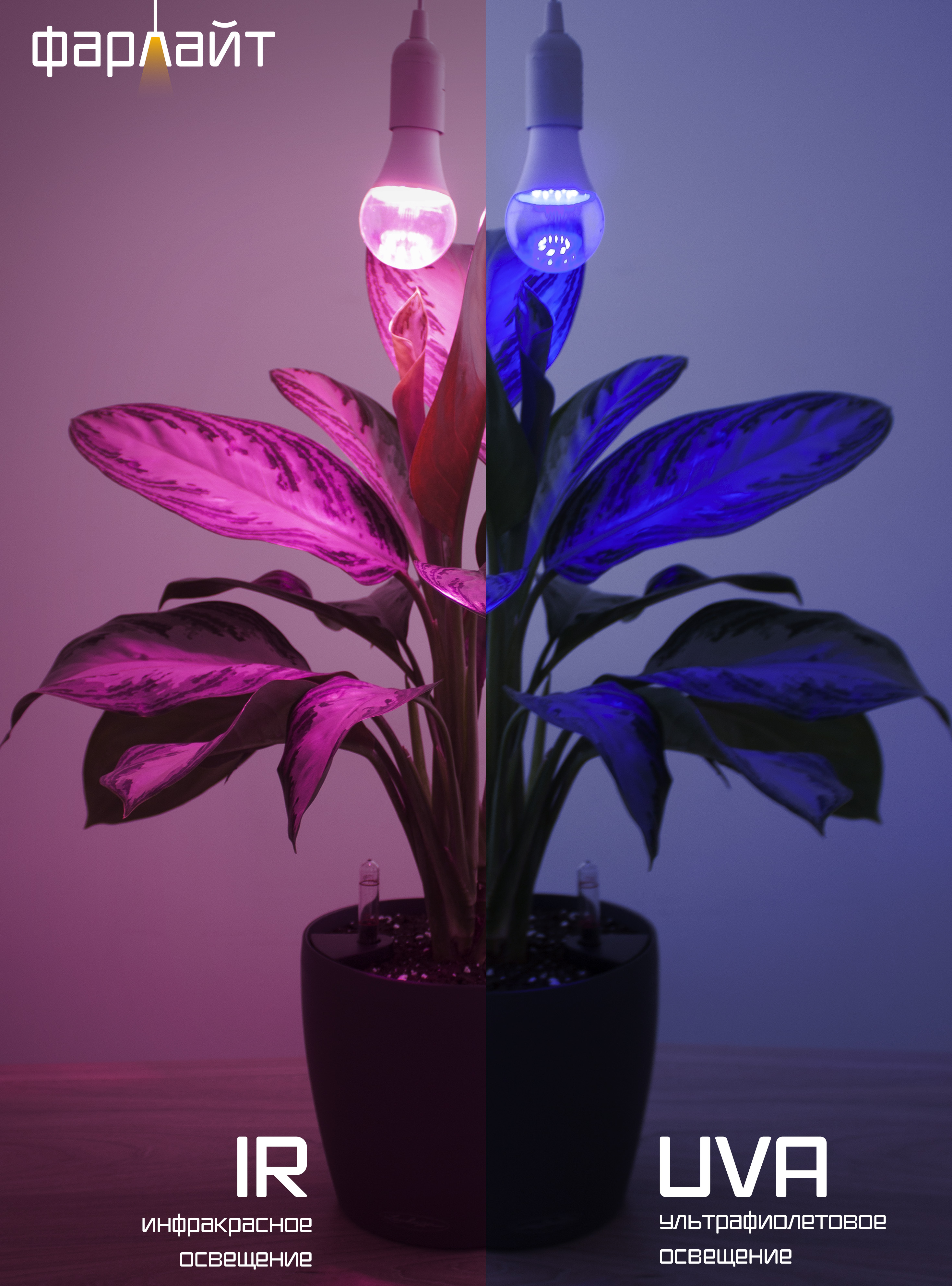 Фитолампа Фарлайт светодиодная LED, два режима UVA +IR фиолетовый свет Е27, 14 Вт