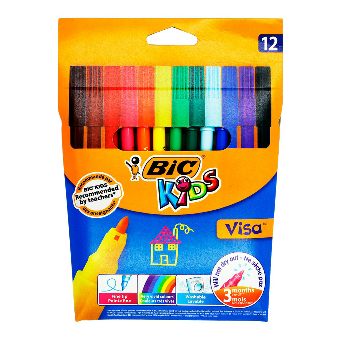 Фломастеры цветные Bic Kids Visa смываемые 12 шт