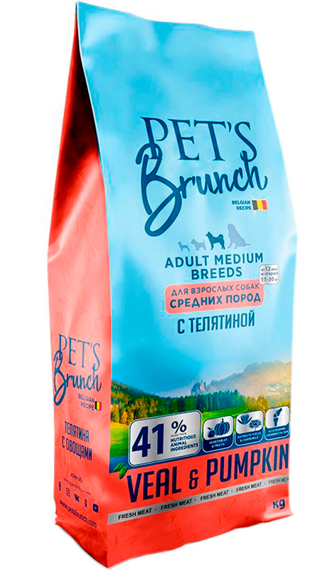 фото Сухой корм для собак средних пород pet's brunch adult medium breeds, мясо телятины, 4 кг