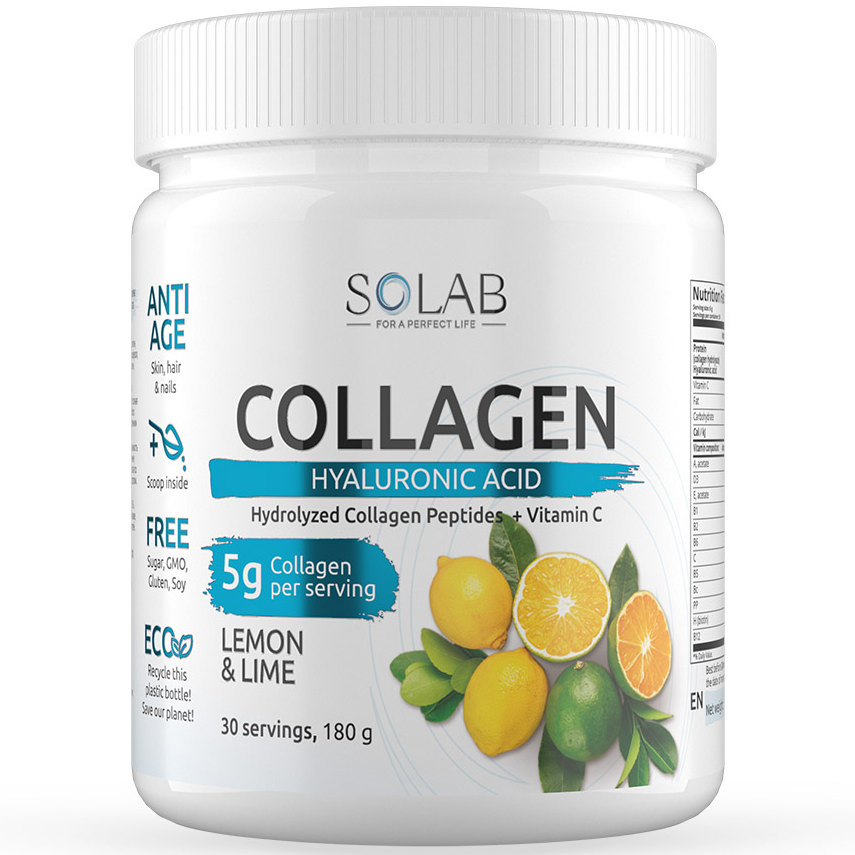 Купить Коллаген с витамином C и гиалуроновой кислотой SOLAB со вкусом лимон-лайм 180 гр